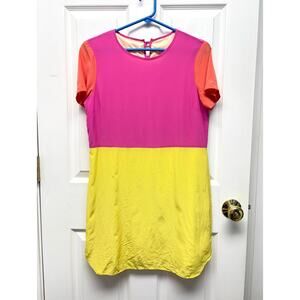 Hutch Dress 100% Silk Colorblock Pink Yellow Orange Short Sleeve Lined Size S
